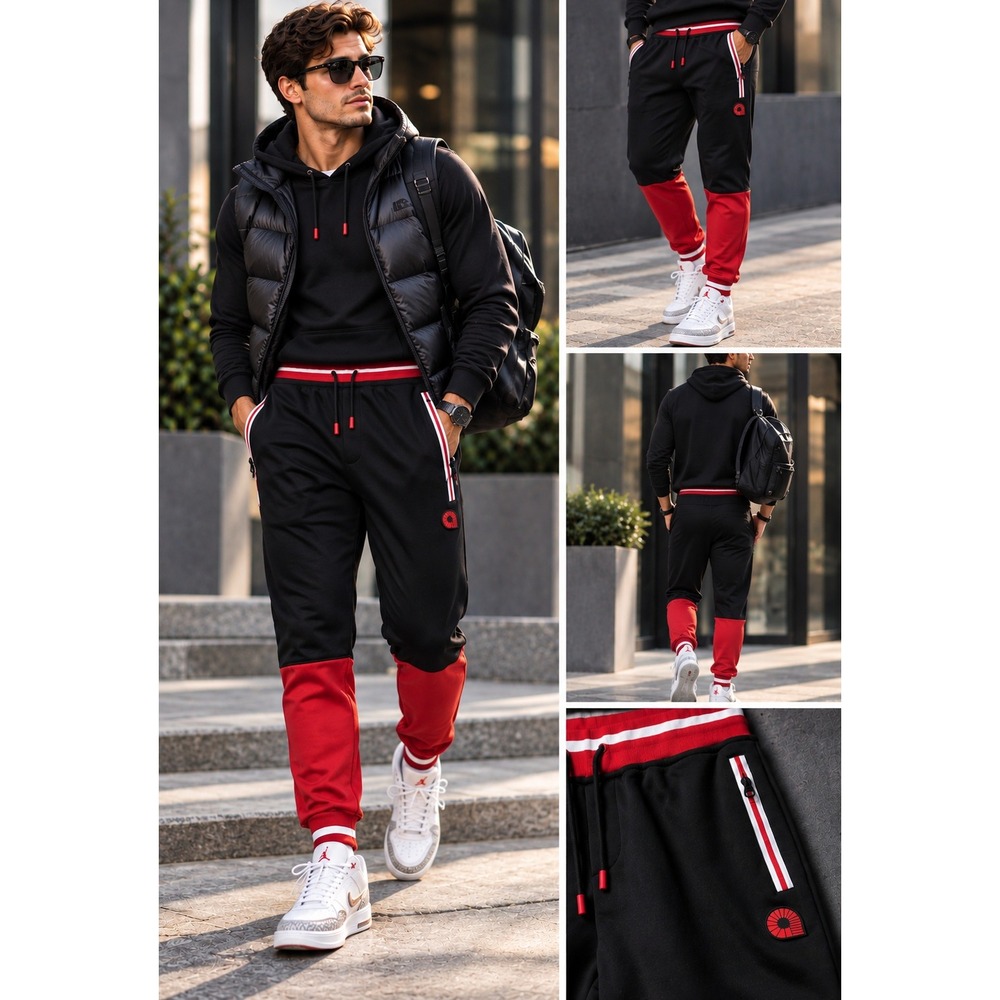 Akademiks Track Pants Medium Black Red Colorblock Streetwear Joggers #1569